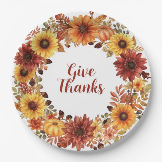 秋の花とカボチャの Thanksgiving テーマ ペーパープレート (正面)