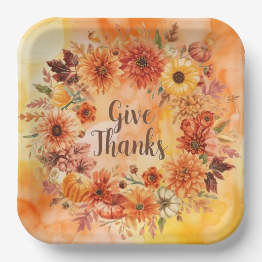秋の花とカボチャの Thanksgiving テーマ ペーパープレート (正面)