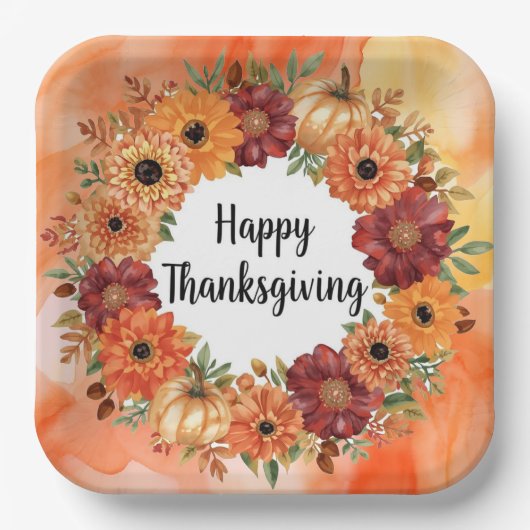 秋の花とカボチャの Thanksgiving テーマ ペーパープレート (正面)