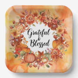 秋の花とカボチャの Thanksgiving テーマ ペーパープレート