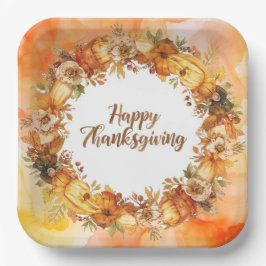 秋の花とカボチャの Thanksgiving テーマ ペーパープレート
