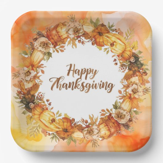 秋の花とカボチャの Thanksgiving テーマ ペーパープレート (正面)