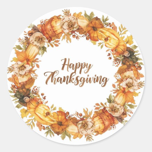 秋の花とカボチャの Thanksgiving ラウンドシール (正面)
