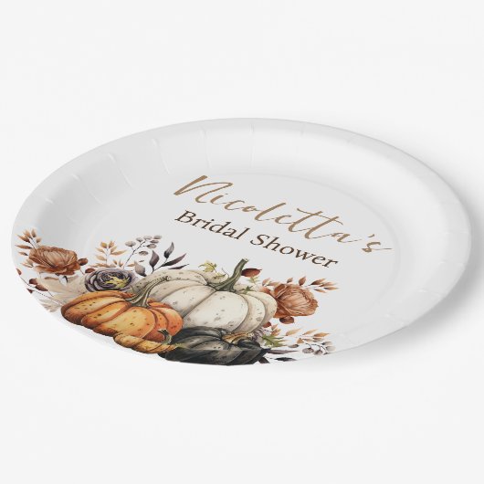 秋の花とパンプキンの水彩 秋 ペーパープレート (アングル)