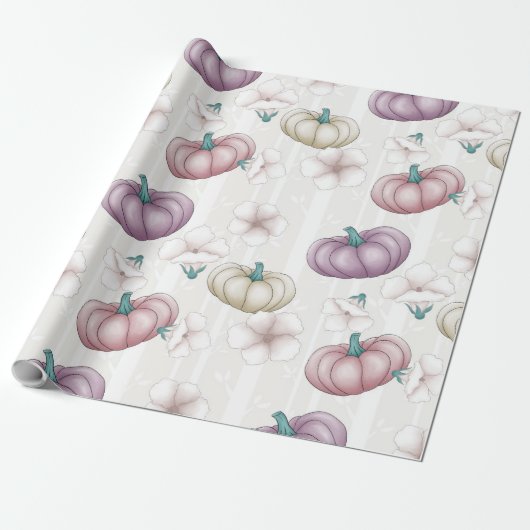 秋の花とピンクパープル&クリームカボチャ ラッピングペーパー (アンロールド)