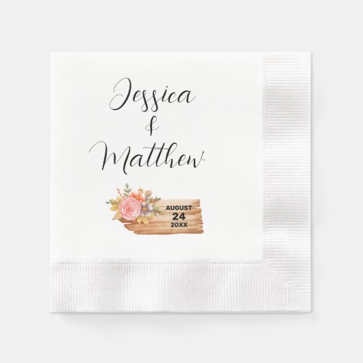 秋の花と木のサイン 縁ありカクテルナプキン (正面)