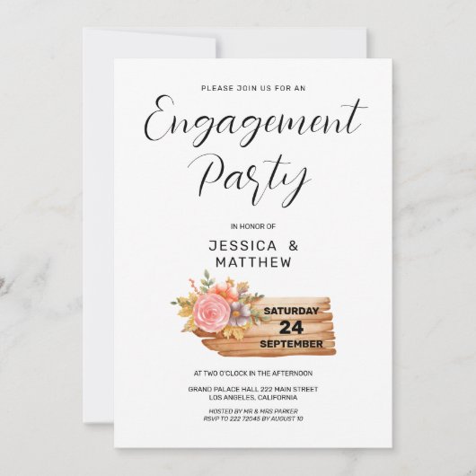 秋の花と木の看板でのエンゲージメント 招待状 (正面)