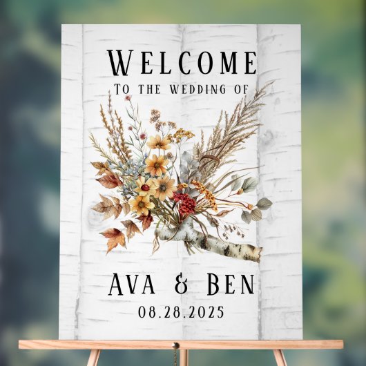 秋の花と白樺の木の木結婚の歓迎 アクリルサイン (ニュートラル)