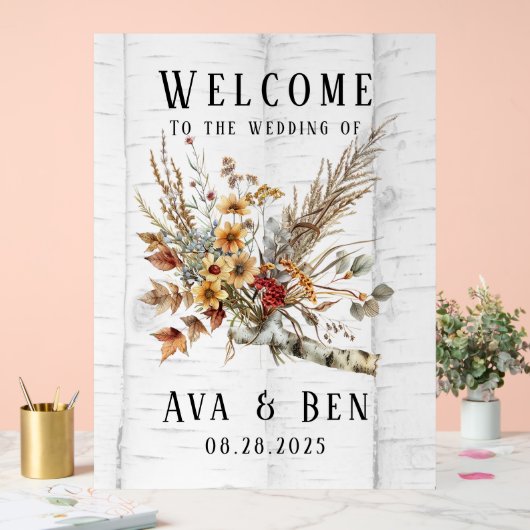 秋の花と白樺の木の木結婚の歓迎 アクリルサイン (ウェディング)