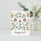 秋の花と緑の葉とどんぐりのパターン ポストカード (スタンド正面)