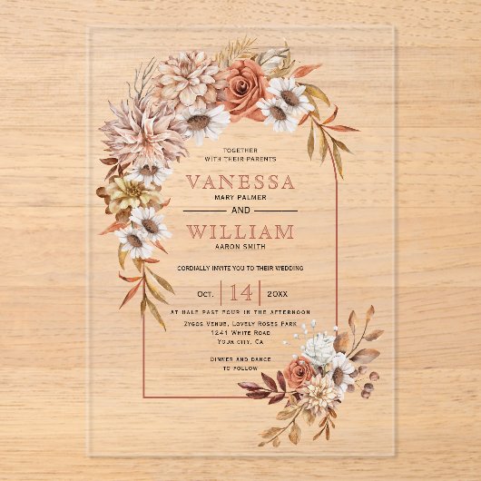 秋の花と葉秋の結婚式付きアーチ アクリル招待状 (正面)