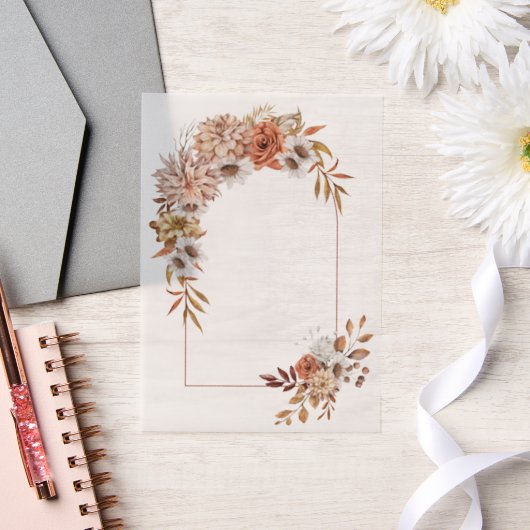 秋の花と葉秋の結婚式付きアーチ ベラム紙招待状 (ウェディング)