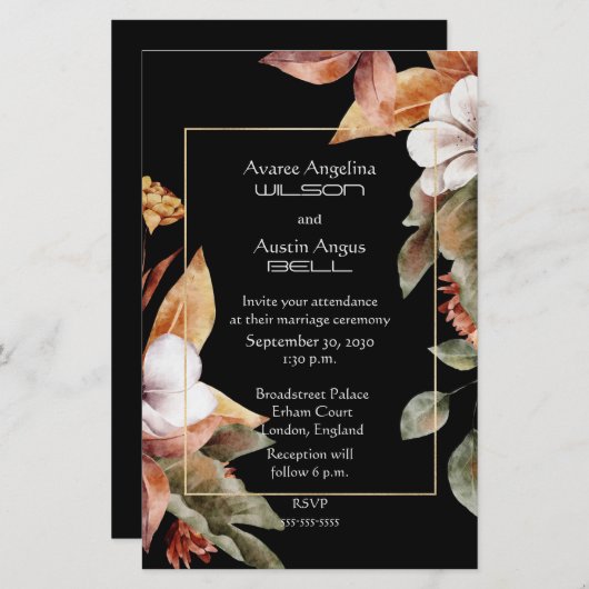 秋の花と葉結婚式招待状 (正面/裏面)