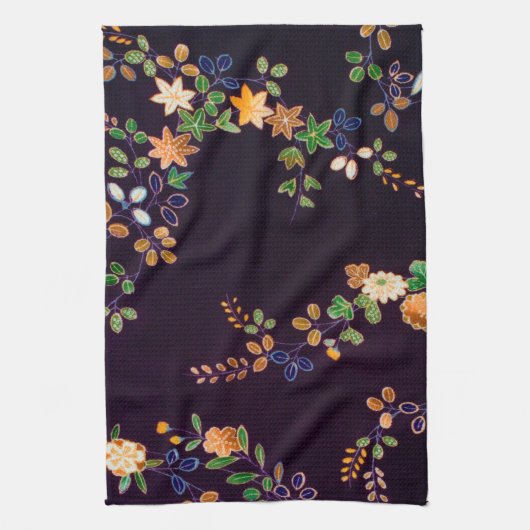 秋の花と葉、日本のデザイン キッチンタオル (縦)