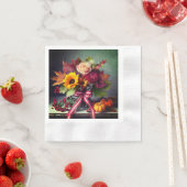 秋の花と赤/白リボン、カクテル紙 縁ありカクテルナプキン (インサイチュ)