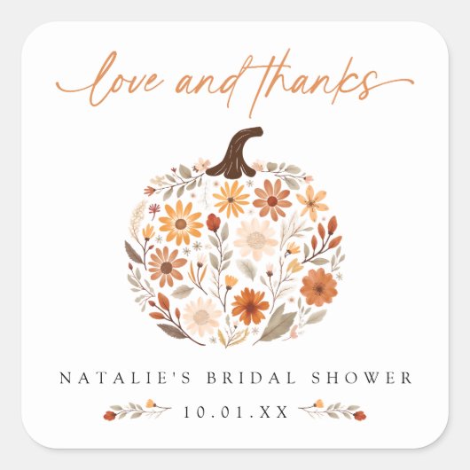 秋の花のカボチャのウェディングシャワーお礼 スクエアシール (正面)