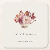 秋の花のティーカップラブイズブリューイング ブライダルシャワー スクエアペーパーコースター (正面)