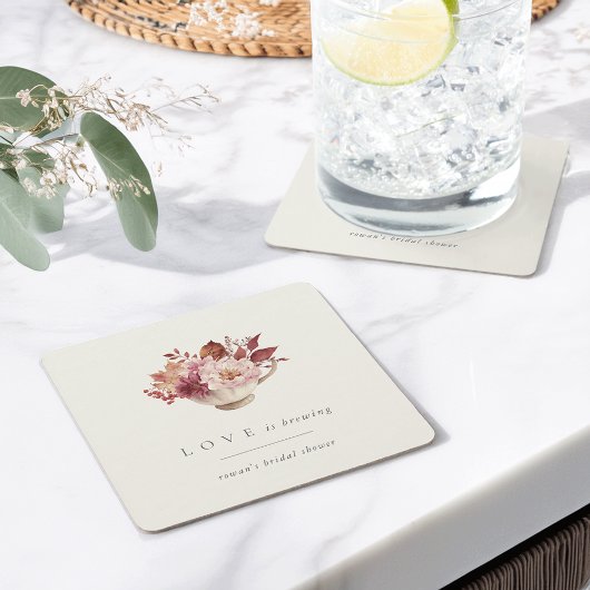 秋の花のティーカップラブイズブリューイング ブライダルシャワー スクエアペーパーコースター