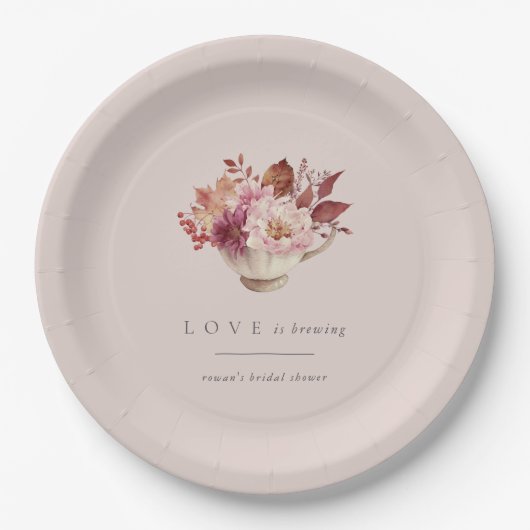 秋の花のティーカップラブイズブリューイング ブライダルシャワー ペーパープレート (正面)