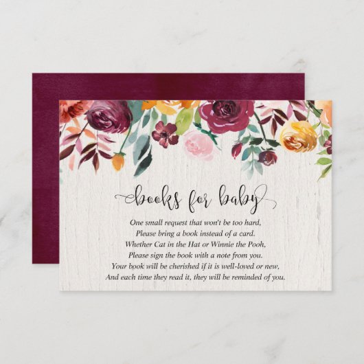 秋の花のバーガンディのベビーシャワーの本の要求 エンクロージャーカード (正面/裏面)