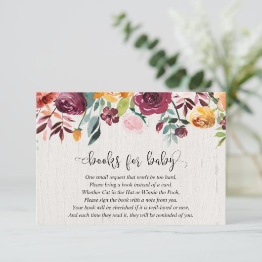 秋の花のバーガンディのベビーシャワーの本の要求 エンクロージャーカード (スタンド正面)
