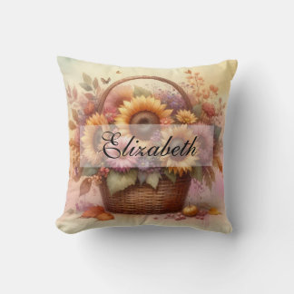 秋の花のパステルカラーの水彩画 ヴィンテージ籠 クッション