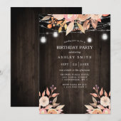 秋の花の水彩のストリングライト 誕生日 招待状 (正面/裏面)