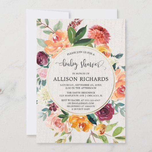 秋の花の男女兼用なバーガンディのベビーシャワー 招待状 (正面)