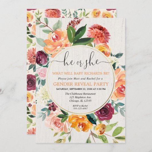 秋の花の素朴なリースの性は招待を明らかにします 招待状 (正面/裏面)