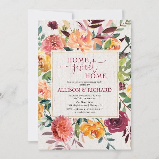 秋の花の素朴な水彩画の引っ越し祝いパーティーのパーティー 招待状 (正面)