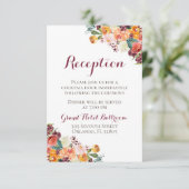 秋の花の結婚式の受付案内カード、オレンジ色とマルーン エンクロージャーカード (スタンド正面)