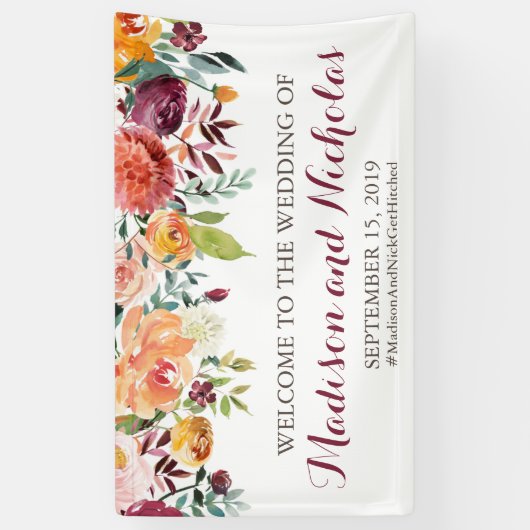 秋の花の結婚式の旗の装飾、オレンジピンク 横断幕 (縦)