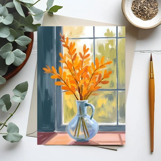 秋の花の花瓶の水彩画 ポストカード