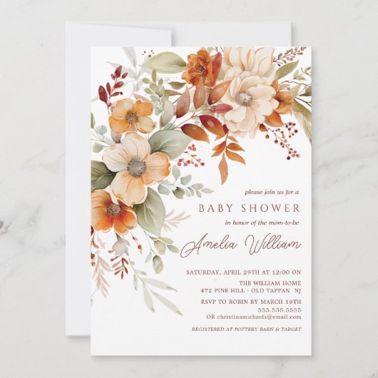 秋の花の赤ちゃんシャワー招待状 招待状 (正面)