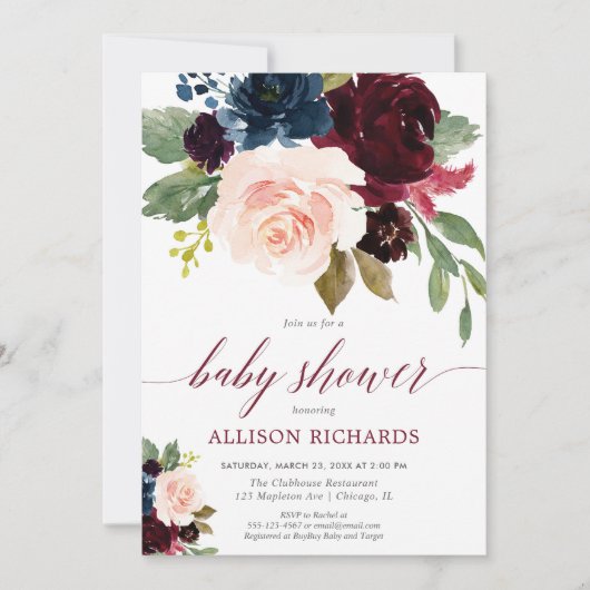 秋の花の赤面のmarsalaの青い女の子のベビーシャワー 招待状 (正面)