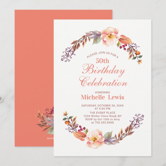 秋の花の50歳の誕生日パーティー招待状 招待状 (正面/裏面)