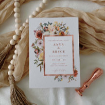 秋の花をあしらったローズフォイル結婚式招待状カード A200