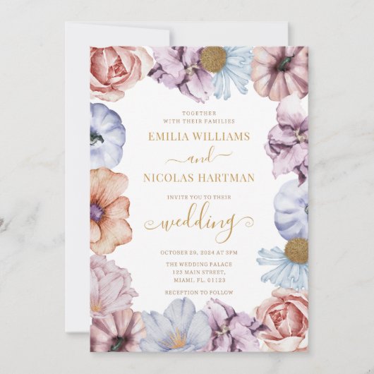 秋の花をイメージしたロマンチックなオールインワンウェディング 招待状 (正面)