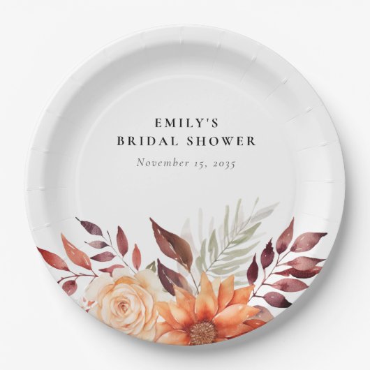 秋の花をモチーフにしたボヘミアンスタイルのブライダルシャワー ペーパープレート (正面)