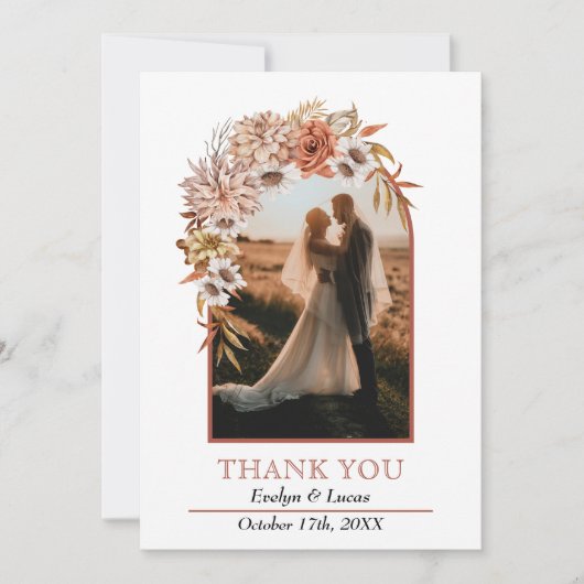 秋の花を持つアーチ秋の結婚式写真 サンキューカード (正面)