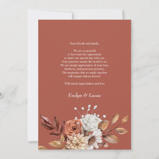 秋の花を持つアーチ秋の結婚式写真 サンキューカード (裏面)