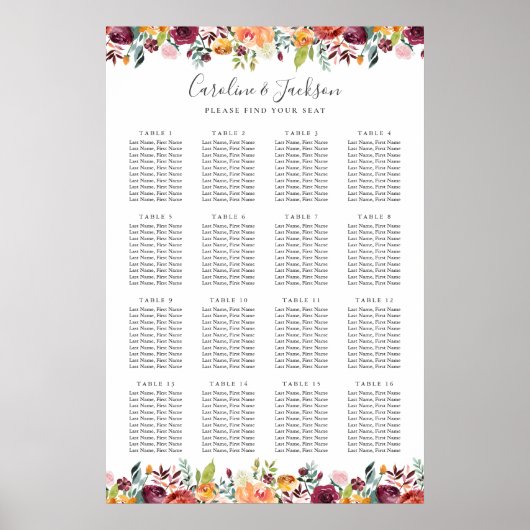 秋の花エレガントな結婚式のシーティングチャート ポスター (正面)