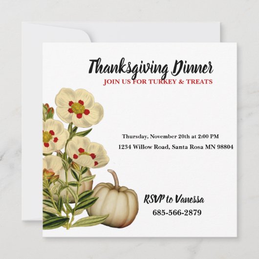 秋の花エレガント秋かぼちゃ感謝祭 招待状 (正面)