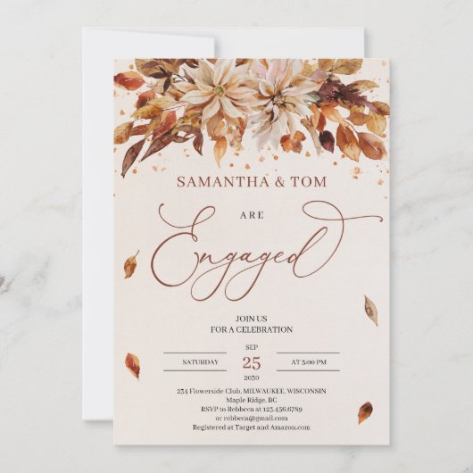 秋の花オレンジマリゴールド婚約 招待状 (正面)