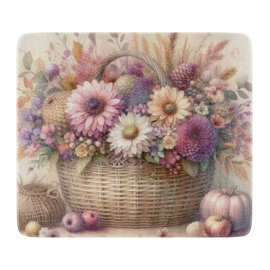 秋の花パステル色の水絵を描色 カッティングボード (正面)