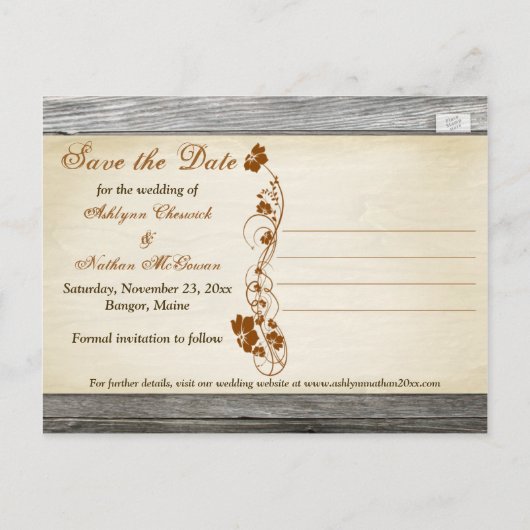 秋の花フェイク木の日付のポストカードを保存 案内ポストカード (裏面)