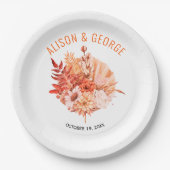 秋の花ヤシの葉オレンジの秋の結婚式 ペーパープレート (正面)