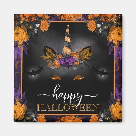 秋の花ユニコーンの顔 ハッピー ハロウィン マグネット (正面)