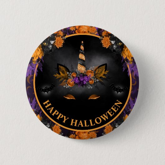 秋の花ユニコーンフェイスハッピーハロウィン 缶バッジ (正面)