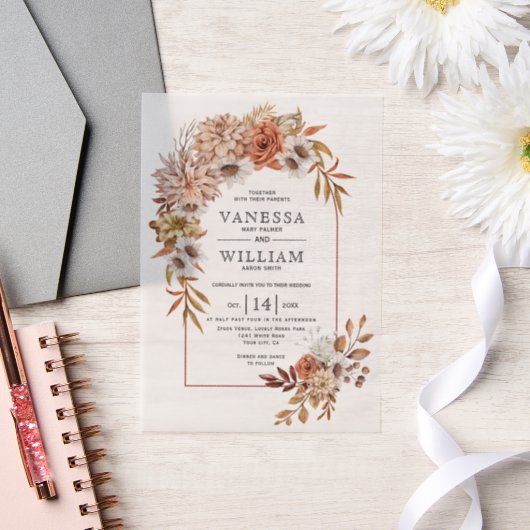 秋の花付きアーチ秋の結婚式 ベラム紙招待状 (ウェディング)